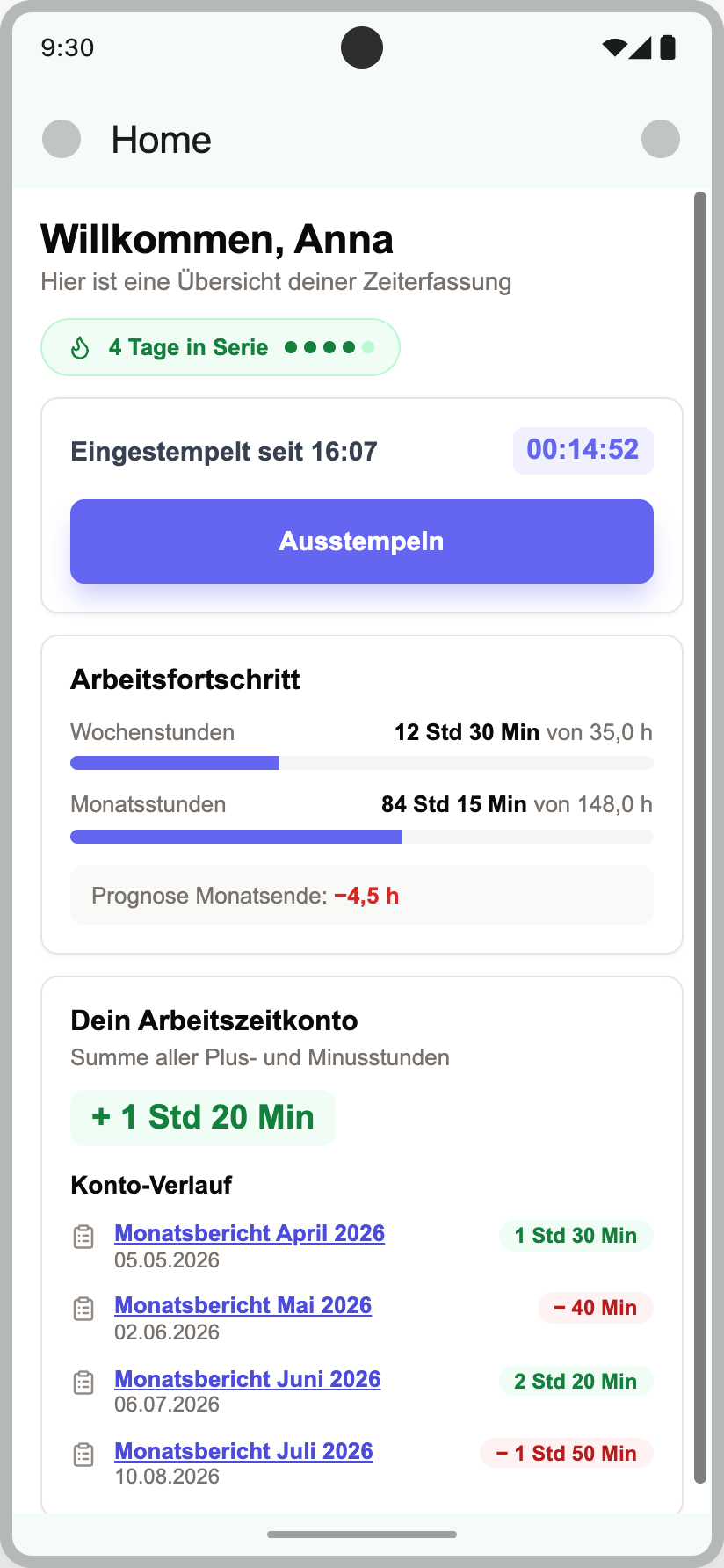 Mobiler Home-Screen der Vozinha App mit laufender Stempelung, Arbeitsfortschritt, Prognose und Arbeitszeitkonto mit Monatsberichten