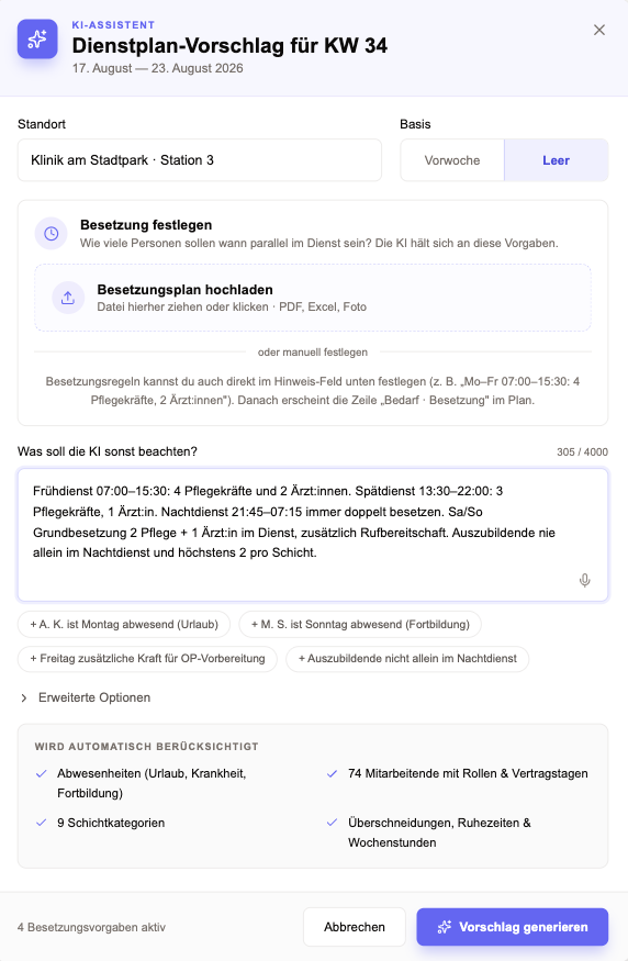 Dialog des KI-Assistenten in Vozinha mit Freitext-Vorgaben, Upload eines Besetzungsplans und automatisch berücksichtigten Regeln