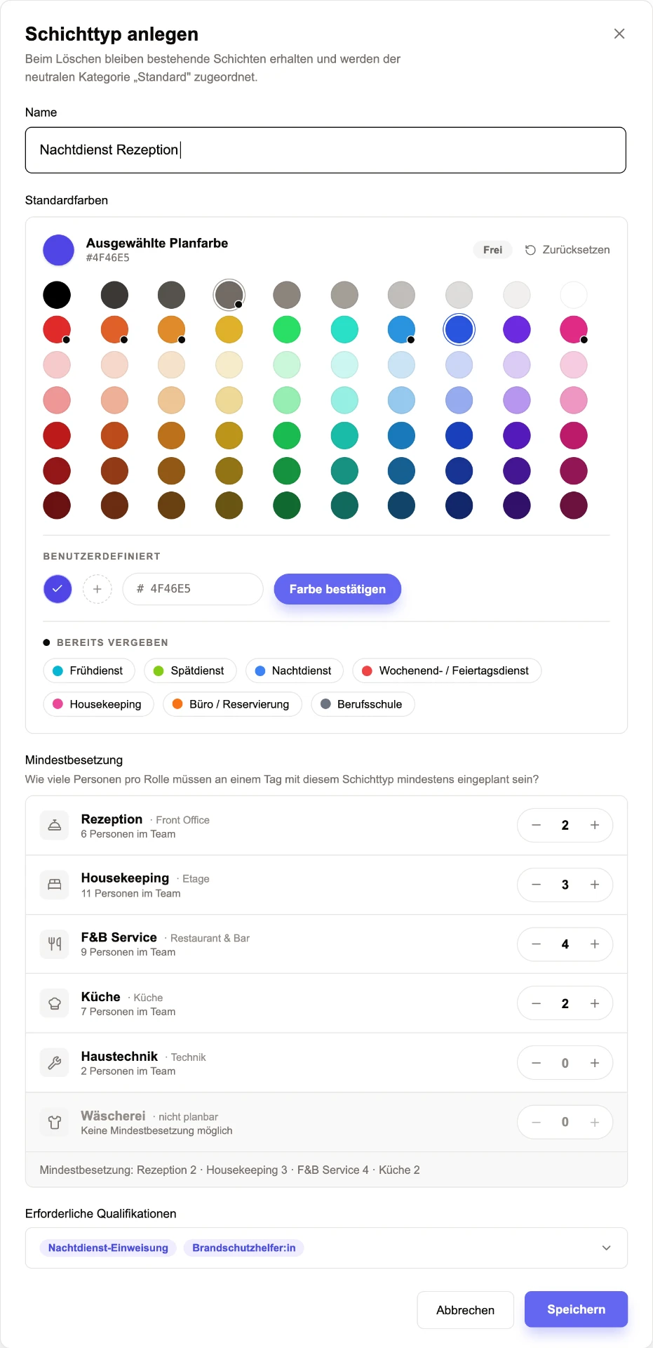 Dialog in Vozinha zum Anlegen eines Schichttyps mit Planfarbe, Mindestbesetzung pro Rolle und erforderlichen Qualifikationen