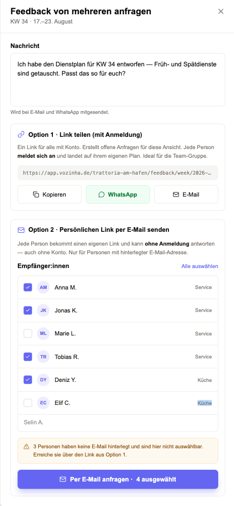 Dialog in Vozinha zum Anfragen von Feedback zum Dienstplan per Link oder persönlicher E-Mail