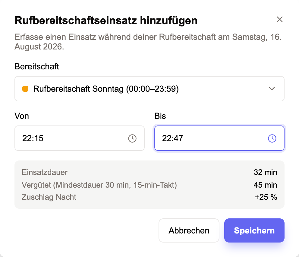Dialog in Vozinha zum Erfassen eines Rufbereitschaftseinsatzes mit Einsatzdauer, vergüteter Zeit und Nachtzuschlag