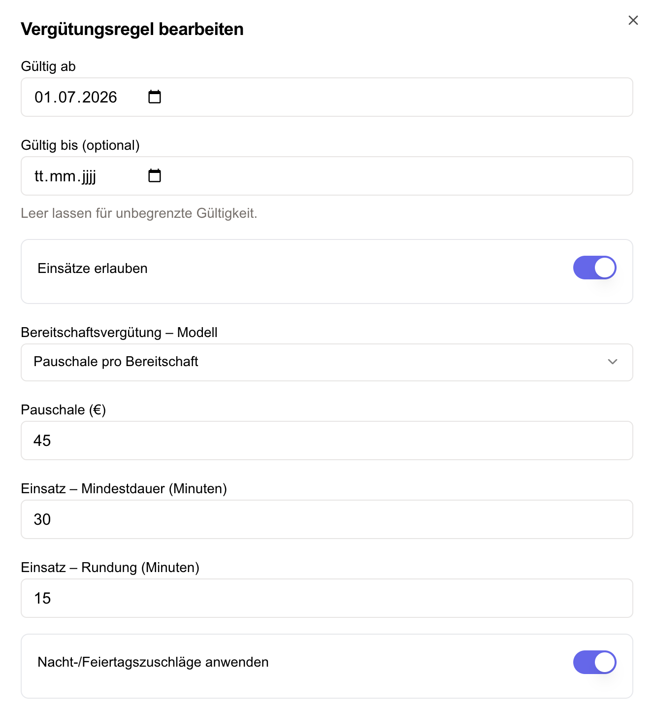 Vergütungsregel mit Pauschale, Einsätzen und Zuschlägen