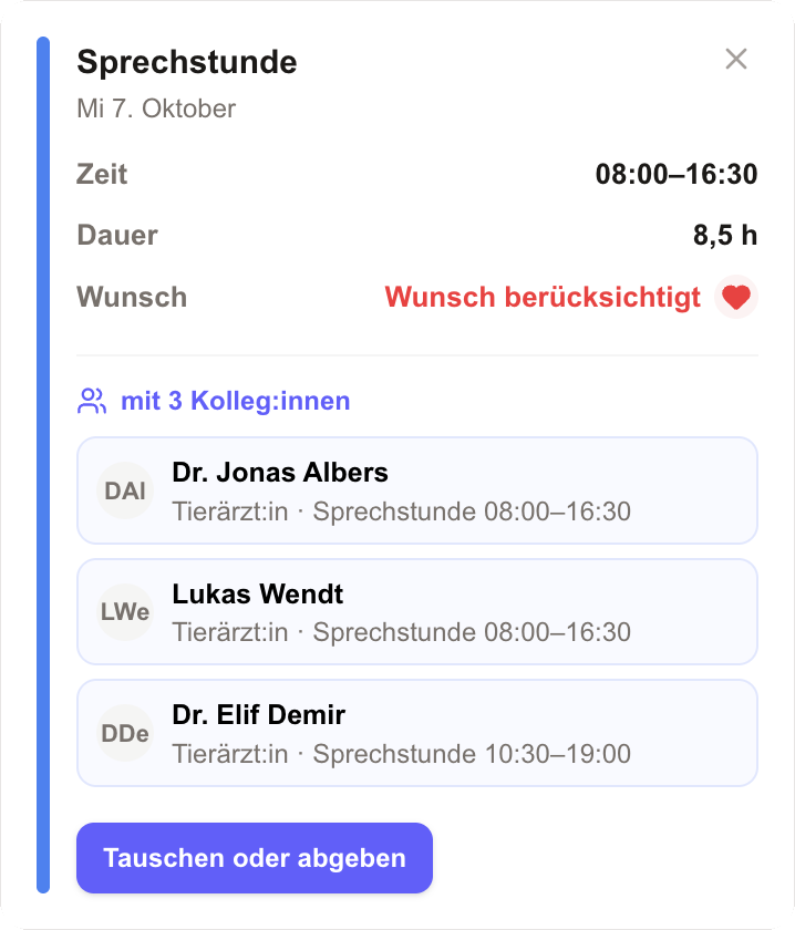Schichtdetails mit Wunsch und Tauschen
