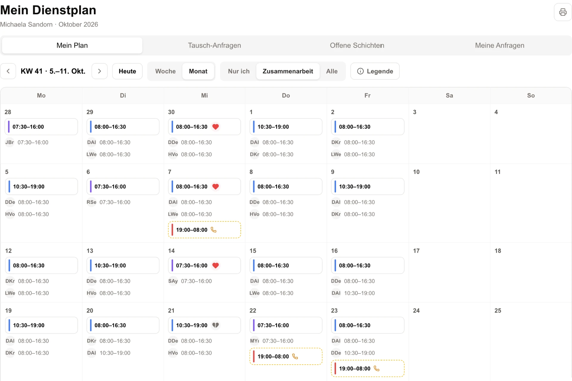 Mein Dienstplan, Monatsansicht mit Kolleg:innen