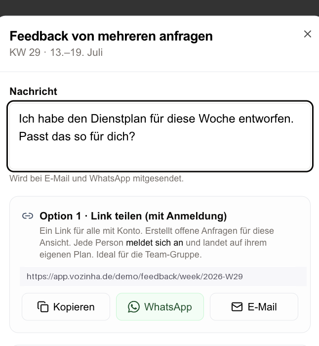 Feedback-Anfrage per Link, E-Mail oder WhatsApp