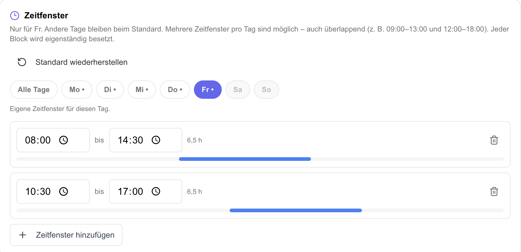Eigene Zeitfenster für einen einzelnen Tag