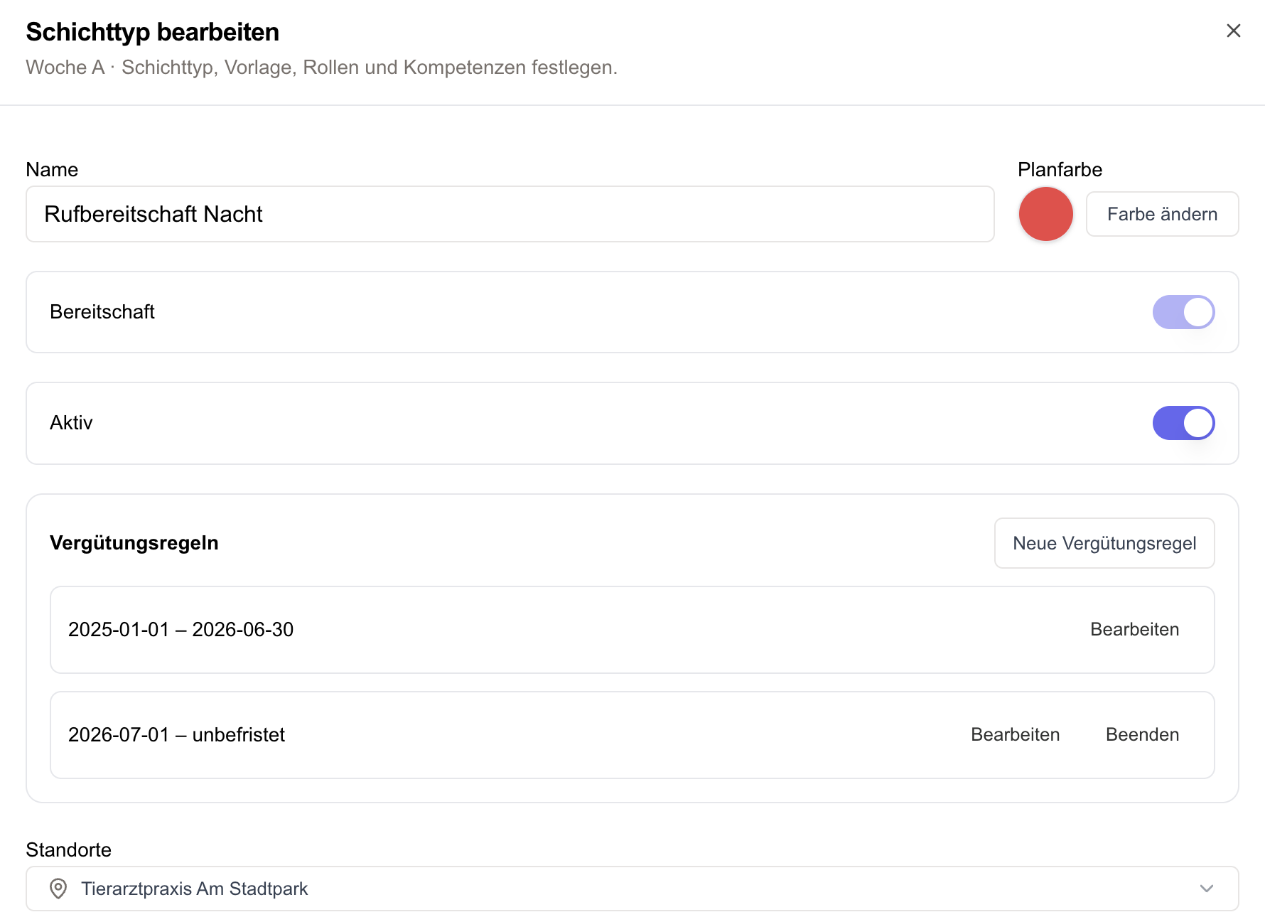 Schichttyp mit Schalter Bereitschaft und Vergütungsregeln