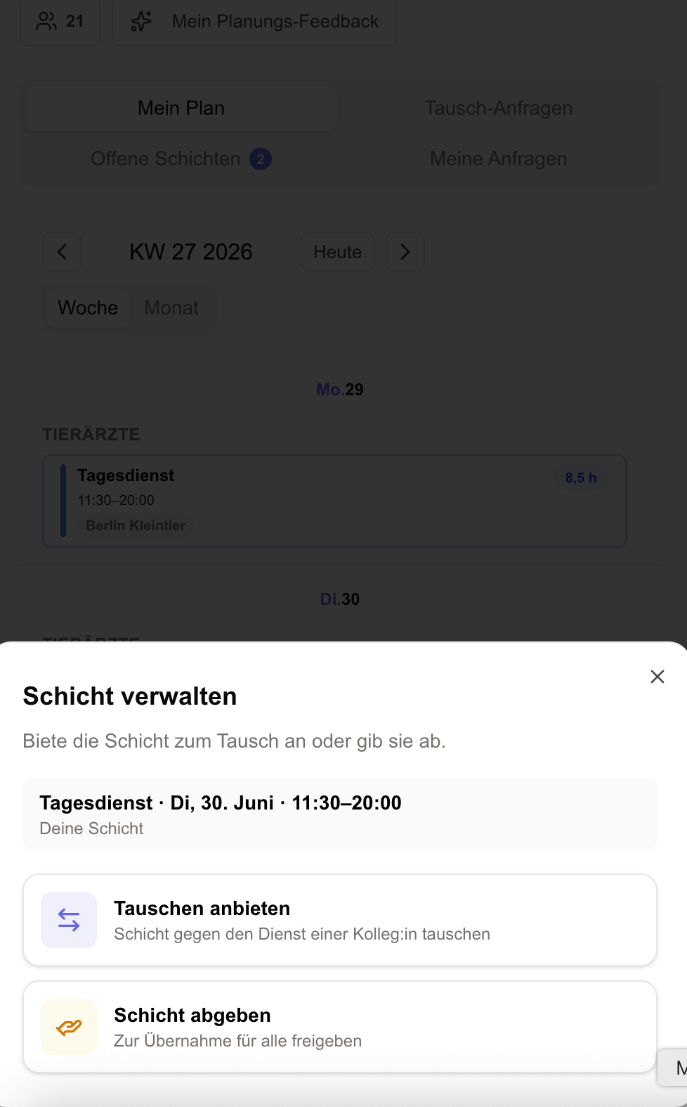 Schichttausch & Übernahme im Dienstplan