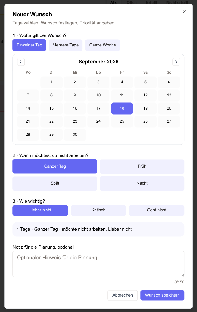 Dialog Neuer Wunsch mit Kalender, Tageszeit und Priorität