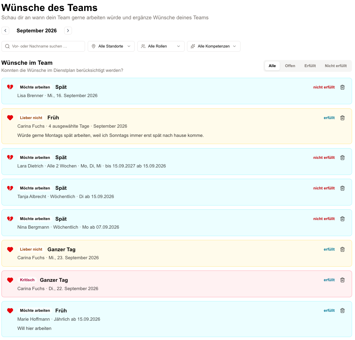 Wünsche des Teams mit Filtern und Statusanzeige